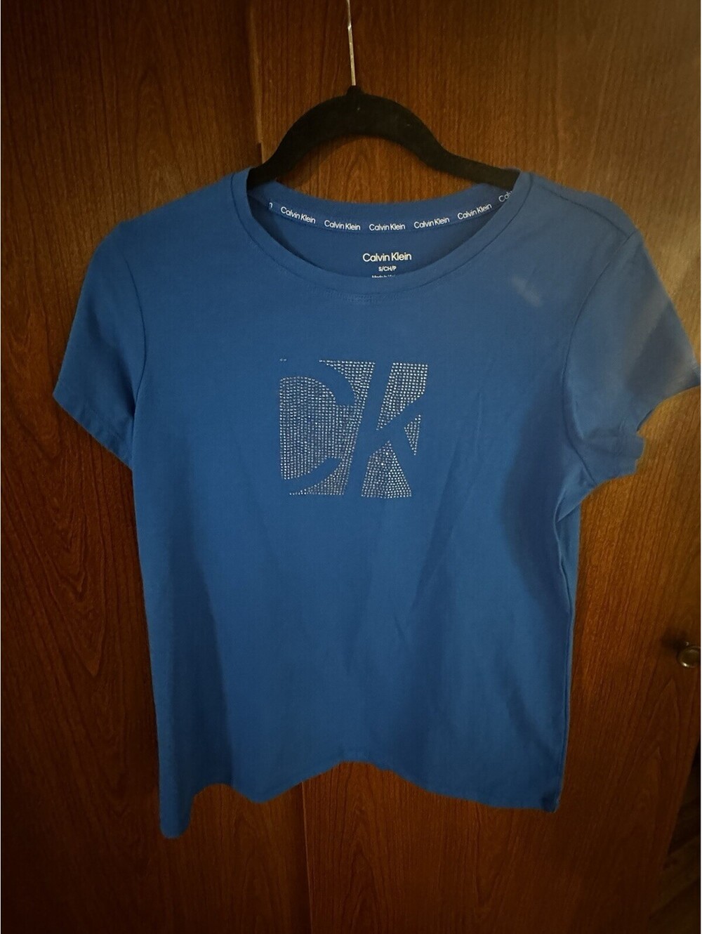 Calvin Klein Womens Small Blue Rhinestone CK Logo Stretch T Shirt Tee